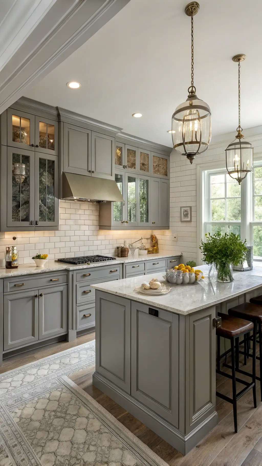 Sophisticated U-shaped kitchen with gray BODBYN cabinets and marble countertops