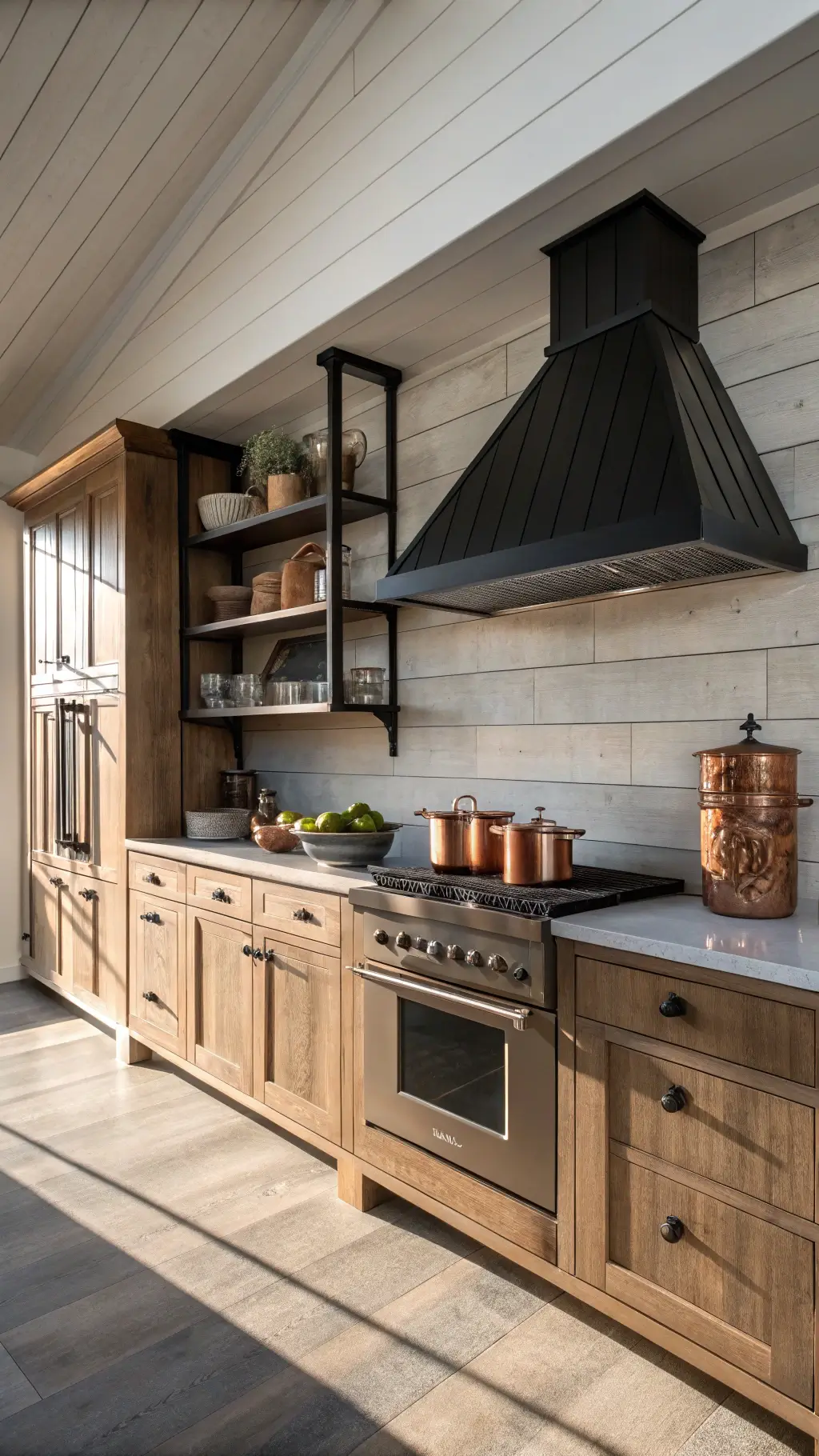 Modern farmhouse kitchen with wood-finish ENKÖPING cabinets and open shelving