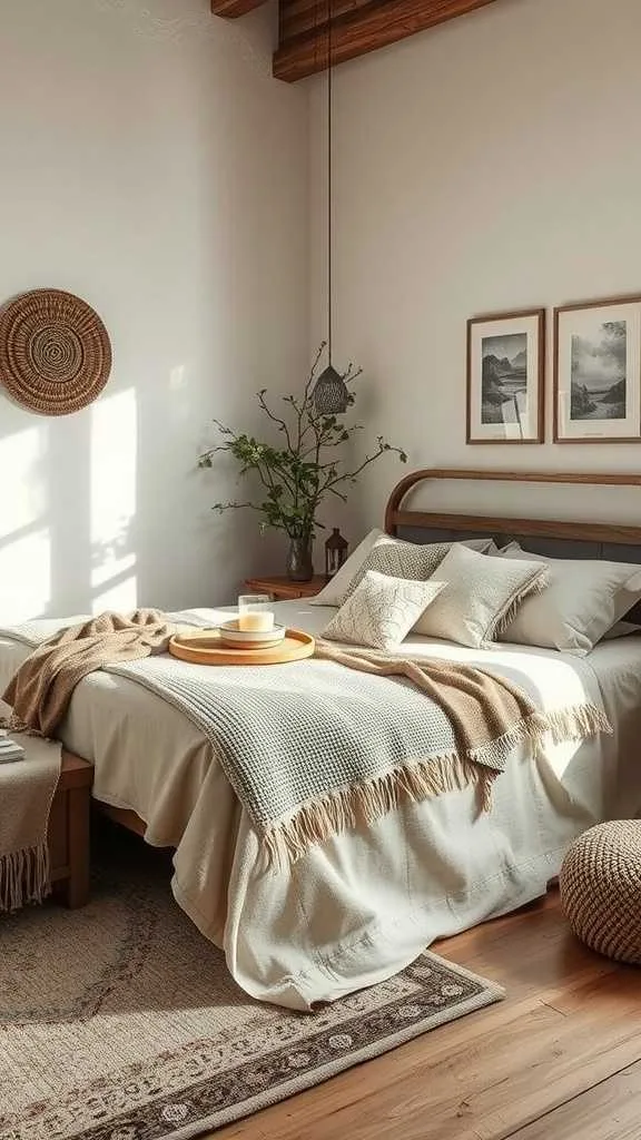 Layered Textures in Wabi Sabi Bedroom A bedroom layered with chunky knit blankets, pillows, and patterned rugs.