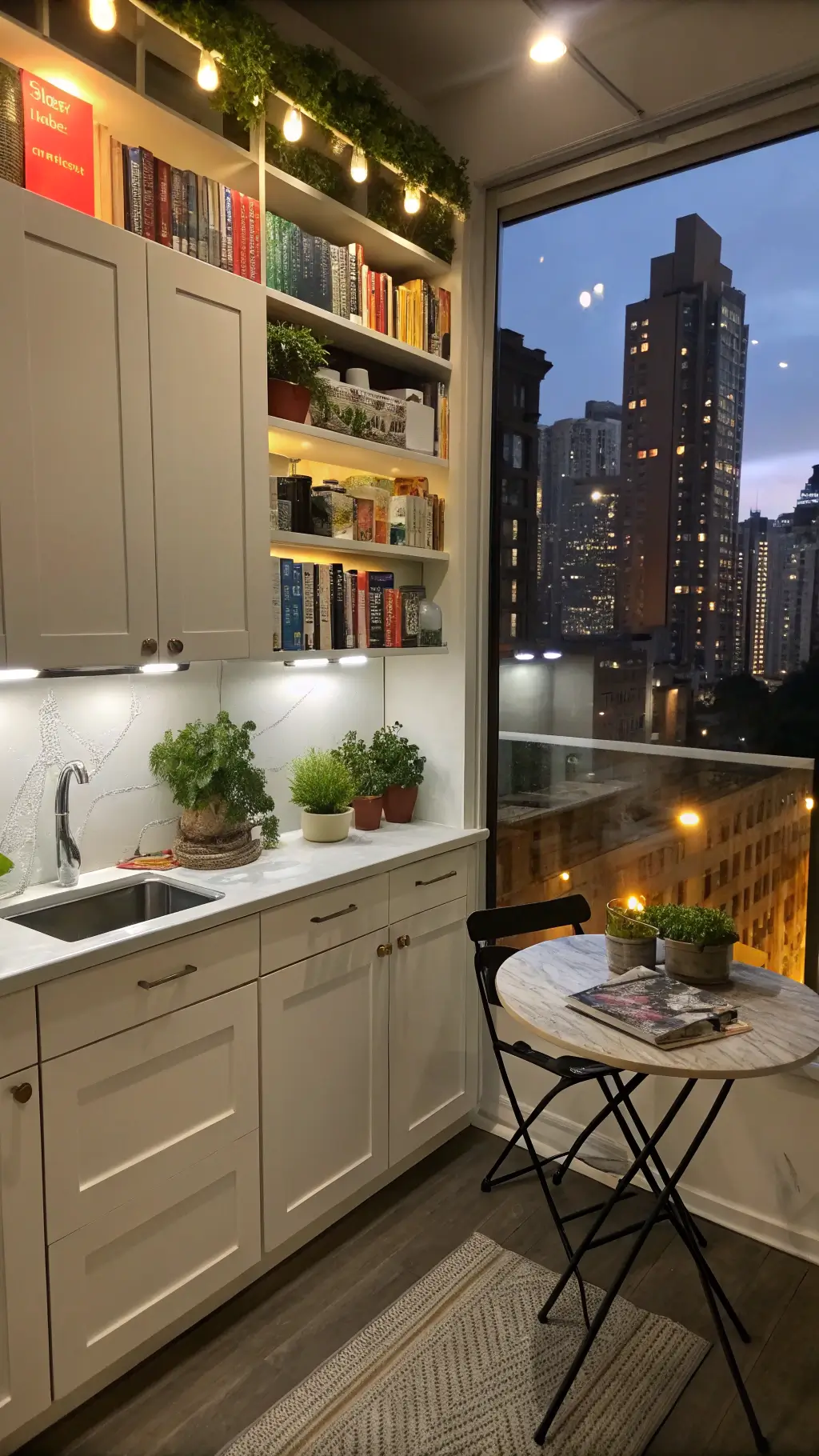 Urban kitchen featuring white KNOXHULT cabinets with floating shelves and under-cabinet lighting