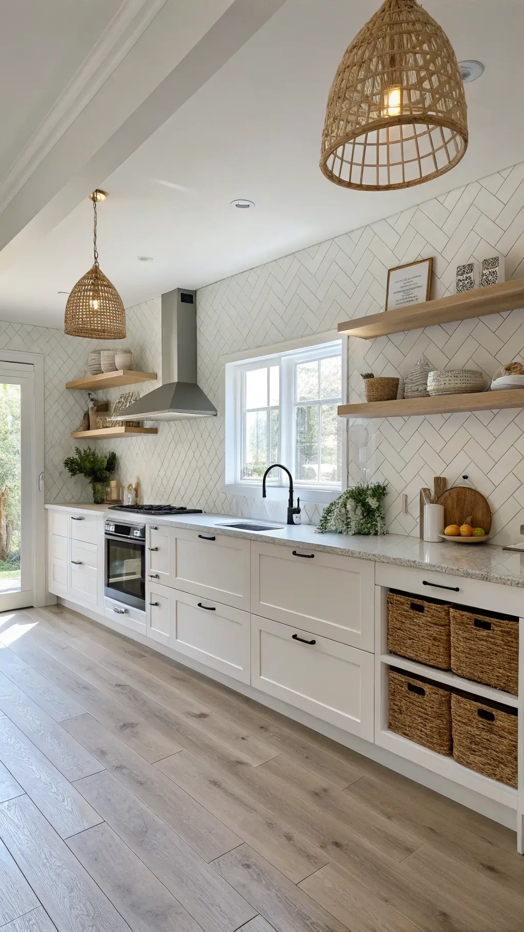 Scandinavian-inspired kitchen with white textured cabinets and floating shelves