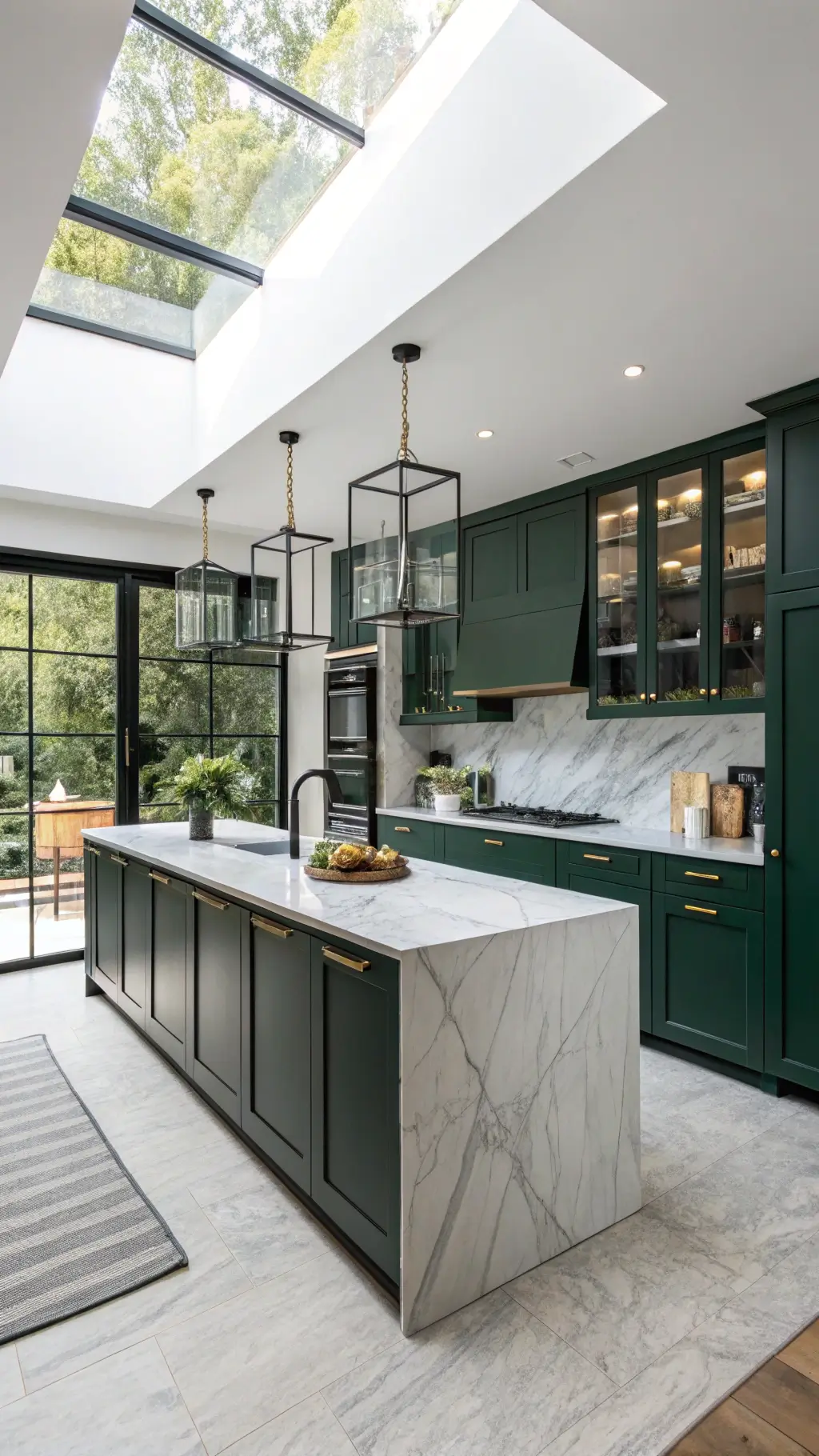 Luxury kitchen with deep green IKEA cabinets and marble waterfall island