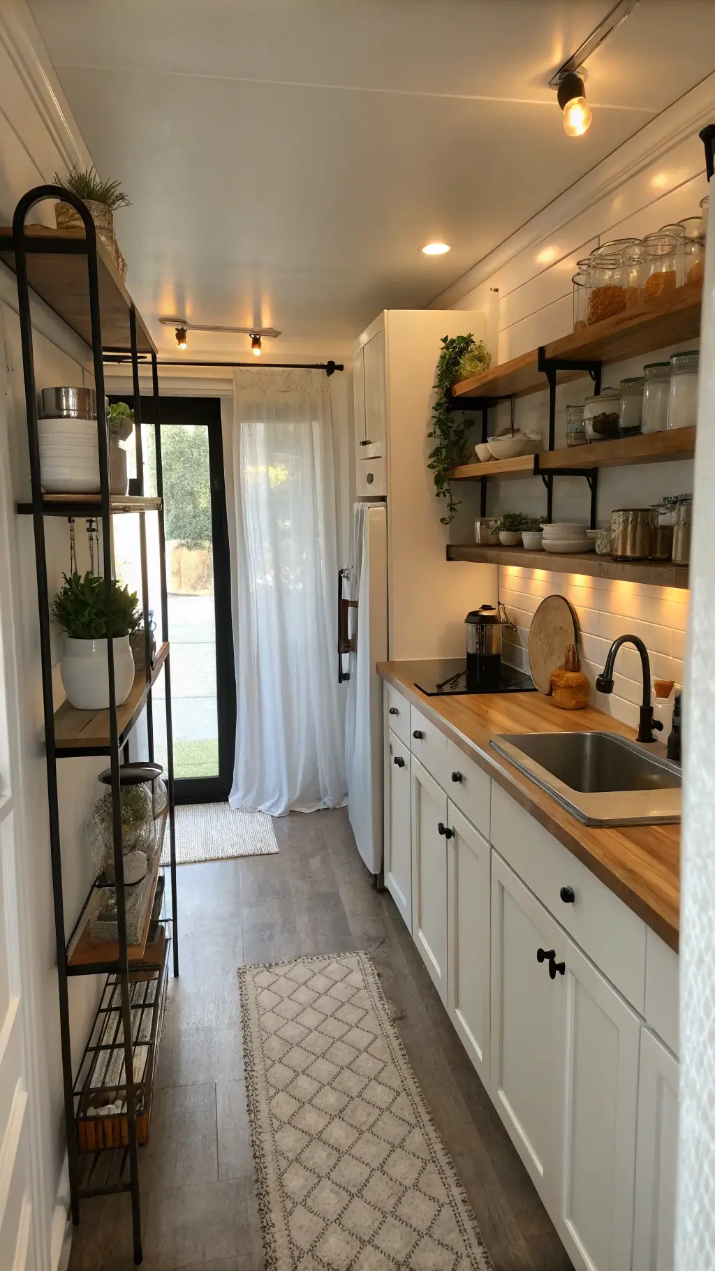 Compact galley kitchen with white ENHET cabinets and butcher block countertops