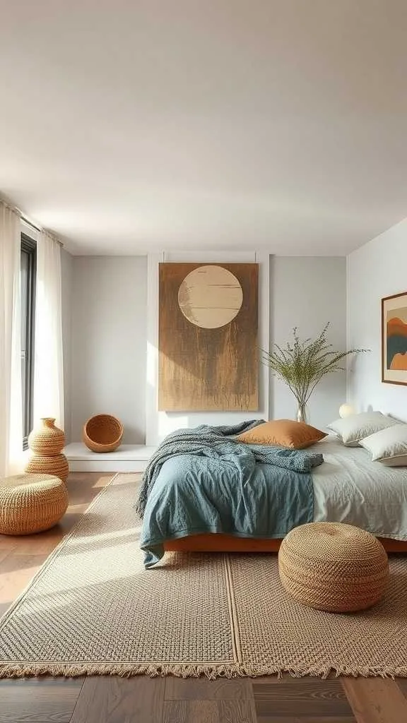 Open Layout in Wabi Sabi Bedroom A serene bedroom with natural wood elements and soft textiles.