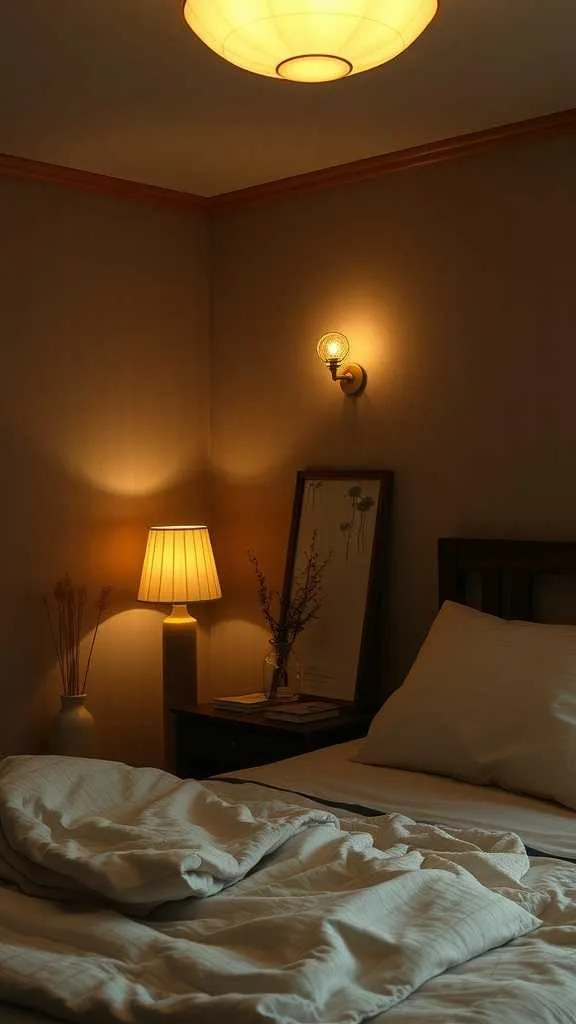 Soft Lighting in Wabi Sabi Bedroom A bedroom softly illuminated by a warm table lamp.