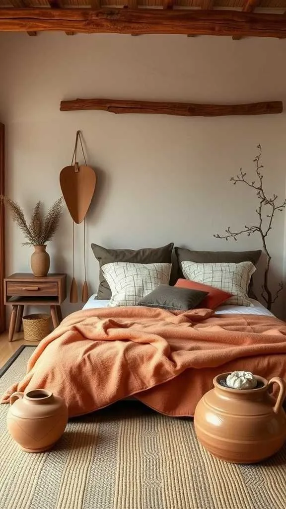 Earthy Accents in Wabi Sabi Bedroom A bedroom with earthy tones, potted plants, and cozy textiles.