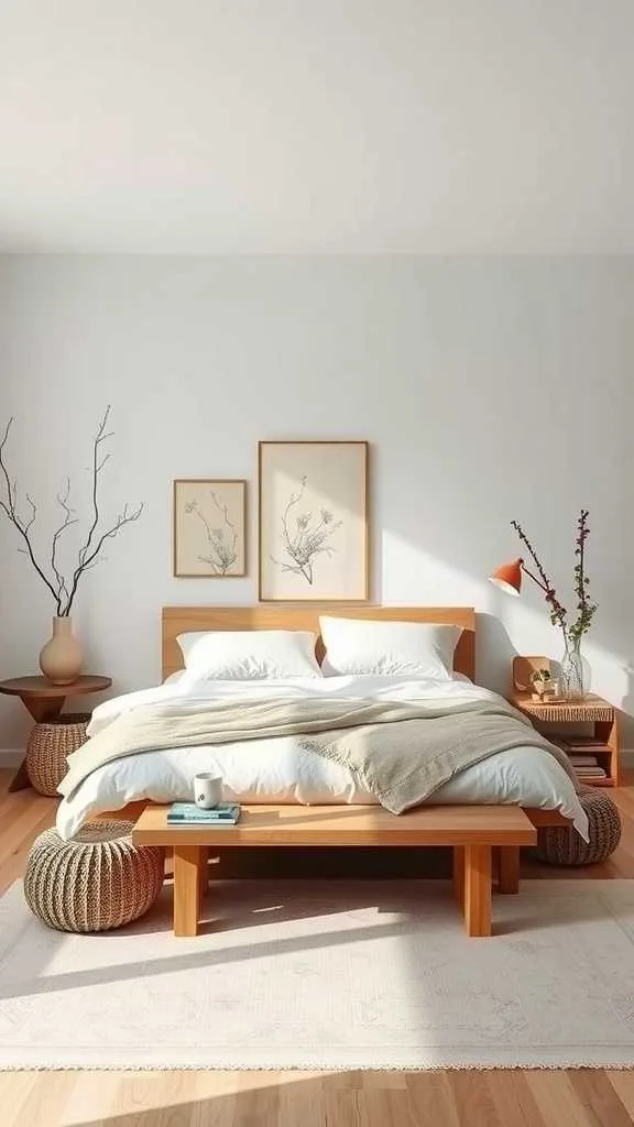 Soft Lines in Wabi Sabi Bedroom A serene bedroom with rounded furniture and light curtains.