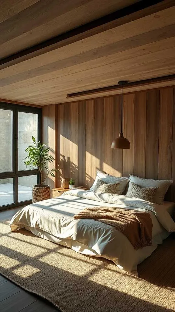 Sustainable Design in Wabi Sabi Bedroom A simple bedroom with natural materials and plants.