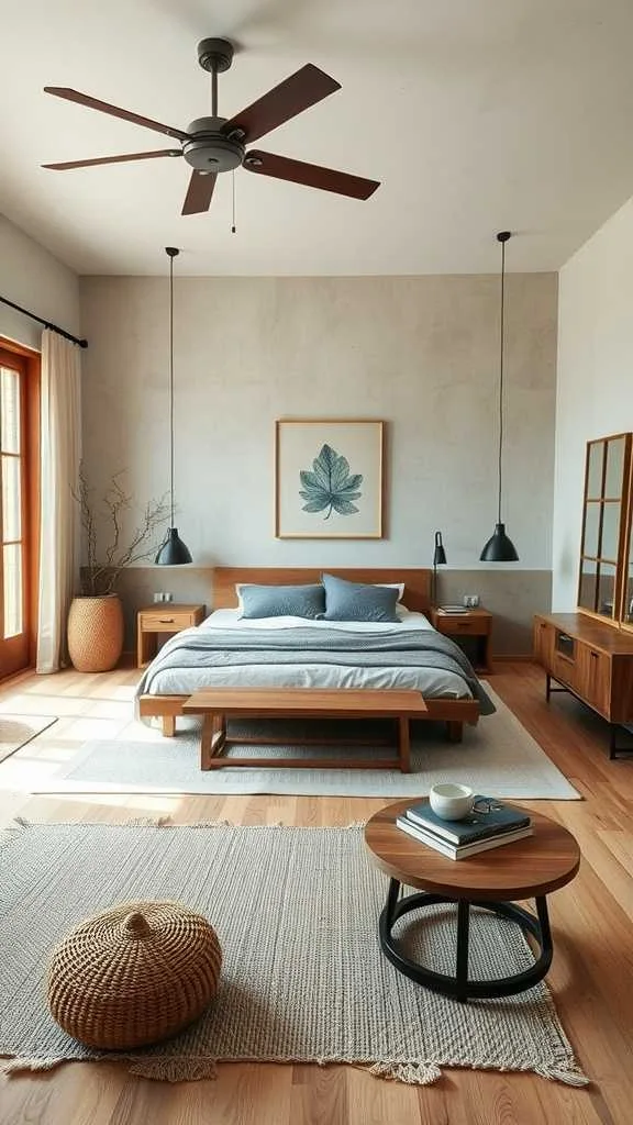 Open Layout in Wabi Sabi Bedroom A wabi-sabi bedroom with minimal furniture and abundant natural light.