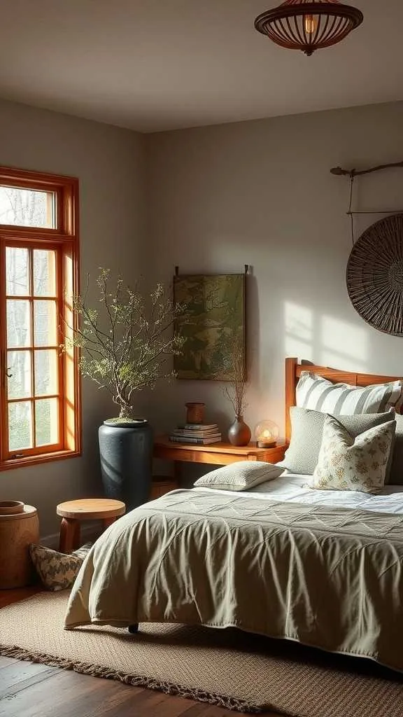Seasonal Decor in Wabi Sabi Bedroom A cozy bedroom with warm tones and seasonal decor.
