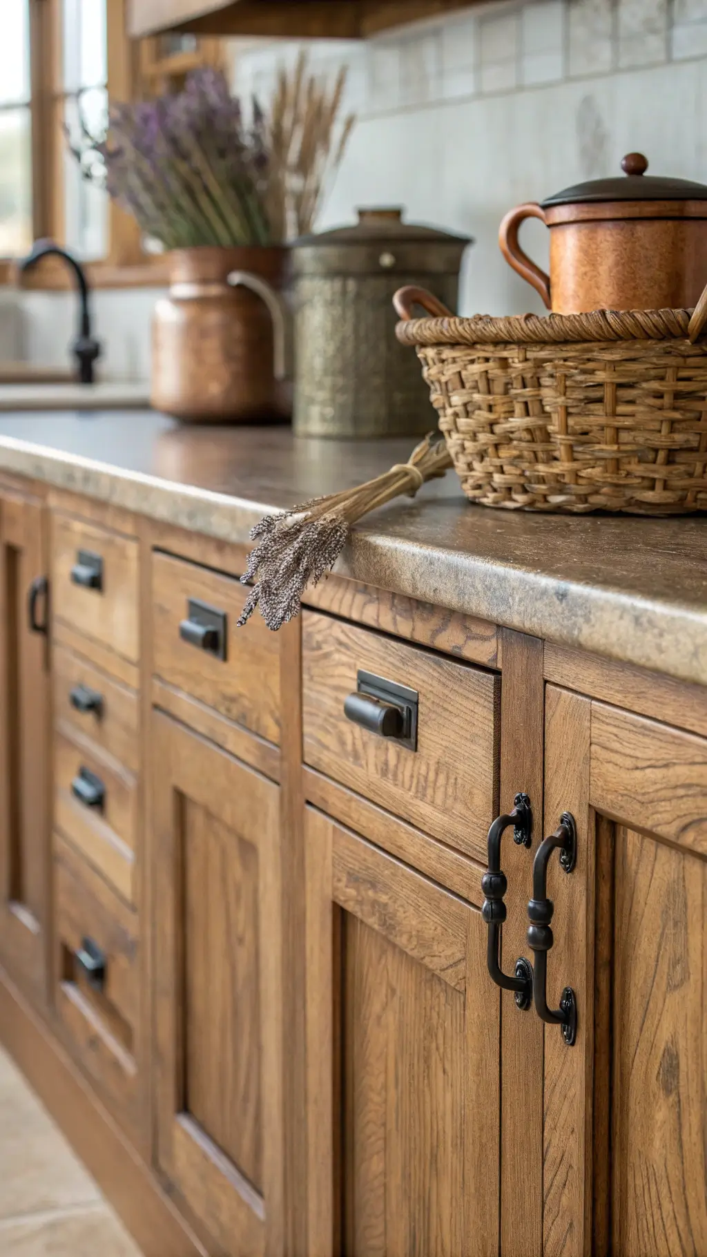 Close-up of hickory kitchen cabinets with matte black handles, antique copper vessels, fresh baguettes in a woven basket, and dried lavender illuminated by afternoon light