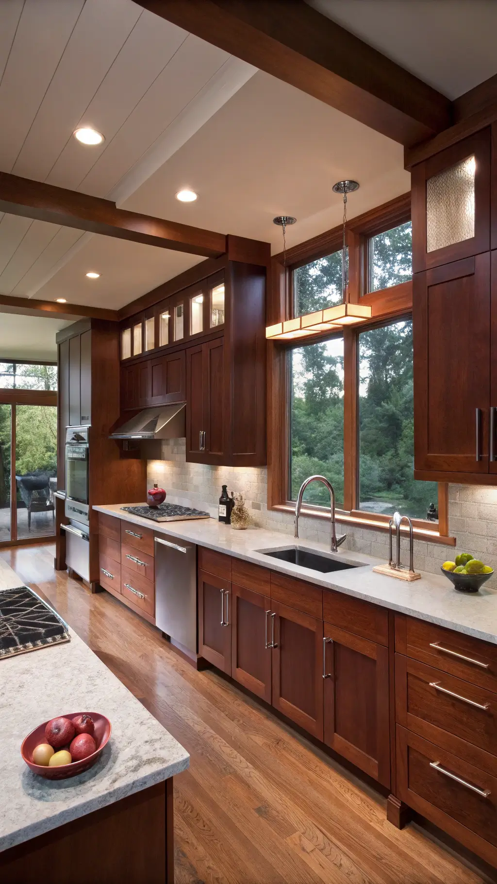 Contemporary kitchen showcasing cherry wood cabinets paired with minimalist white quartz countertops and stainless steel appliances under soft dusk lighting