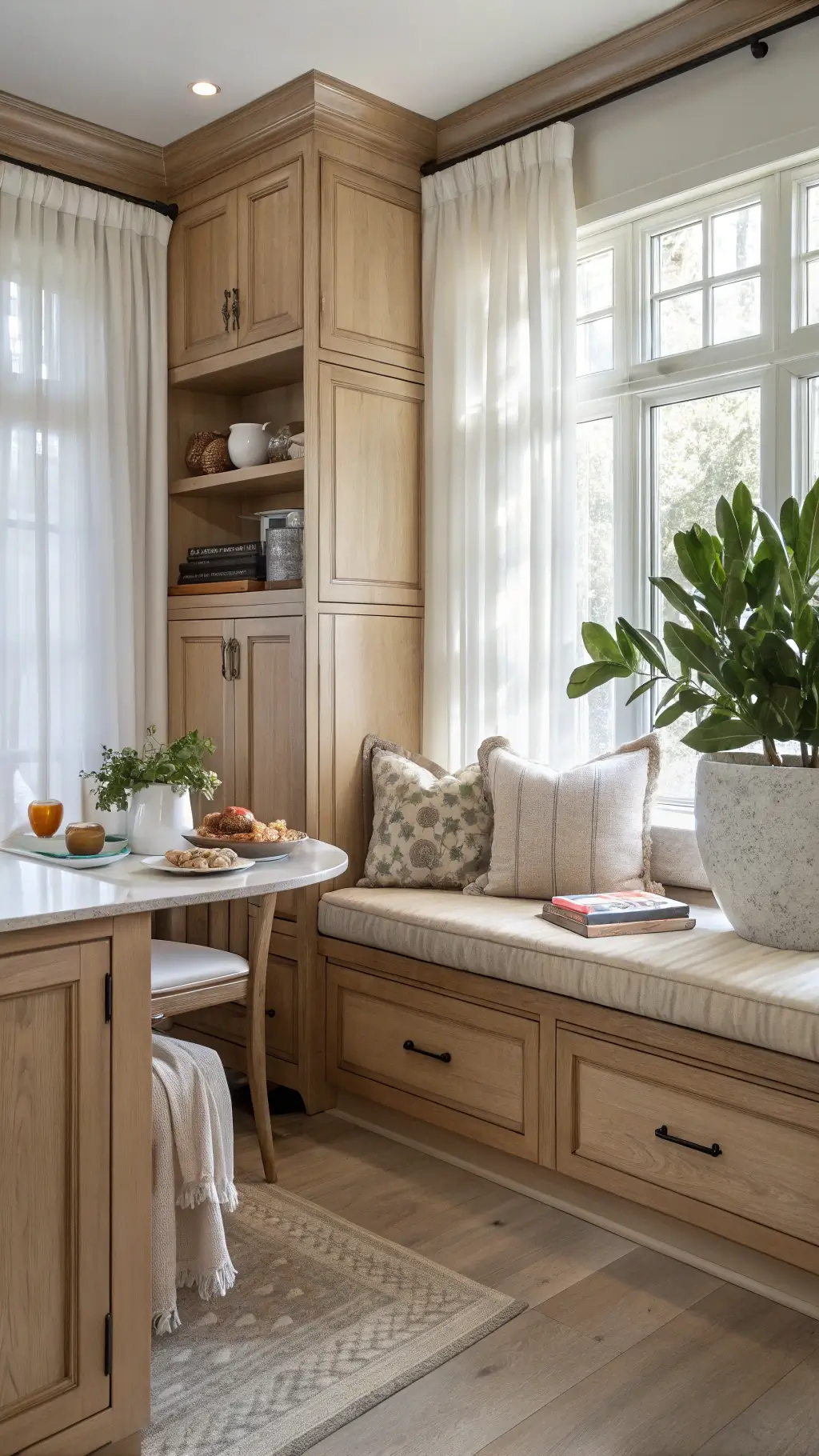 Cozy breakfast nook featuring cream-toned maple cabinets, built-in seating, vintage enamelware, cookbooks, and a fiddle leaf fig plant bathed in soft afternoon light