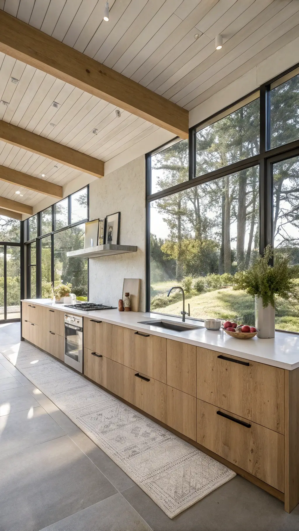 Nordic-inspired open-plan kitchen with white oak cabinetry, concrete countertops, integrated appliances, and Scandinavian decor, bathed in early morning light through steel-framed windows