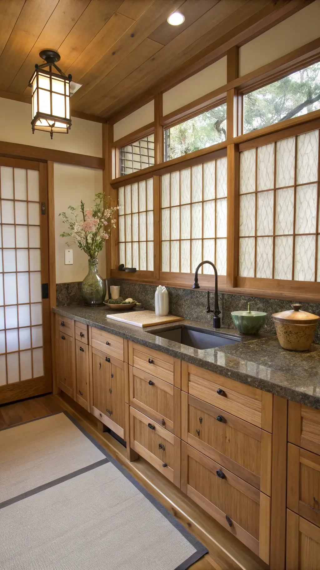 Zen-inspired Japanese kitchen with custom teak cabinets, stone sink, bamboo utensils, ikebana floral arrangement, illuminated by natural light through rice paper screens