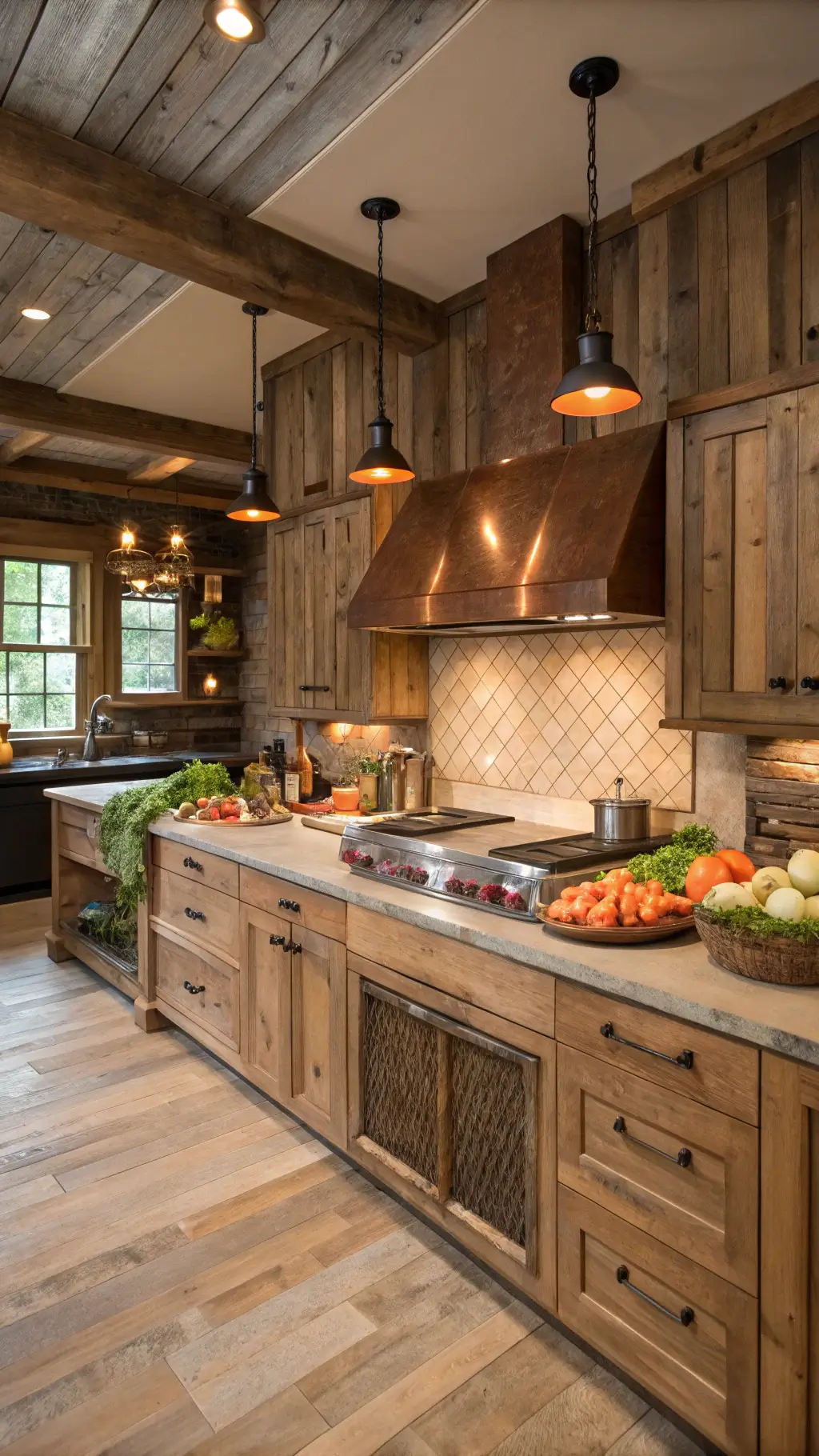 Rustic-modern L-shaped kitchen featuring reclaimed barn wood, smooth maple cabinets, copper range hood, vintage bread boards, earthenware crocks, fresh market produce, and warm pendant lighting