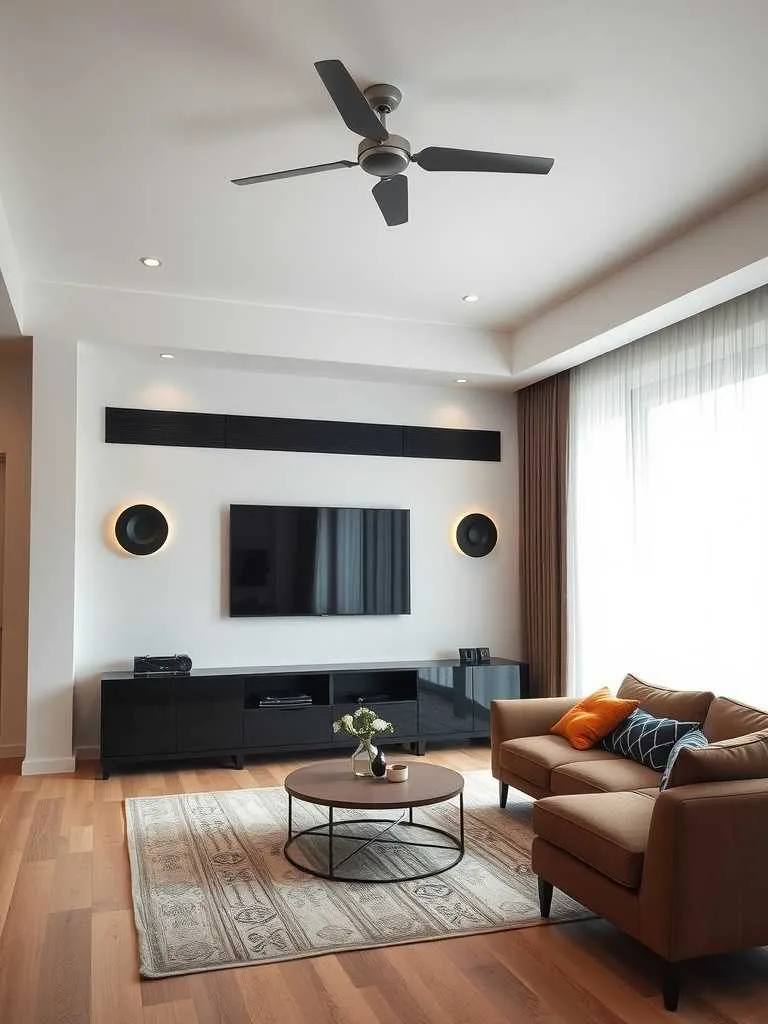 Smart Home Features in Luxury Living Room Modern living room with smart entertainment system, ceiling fan, and sleek furniture