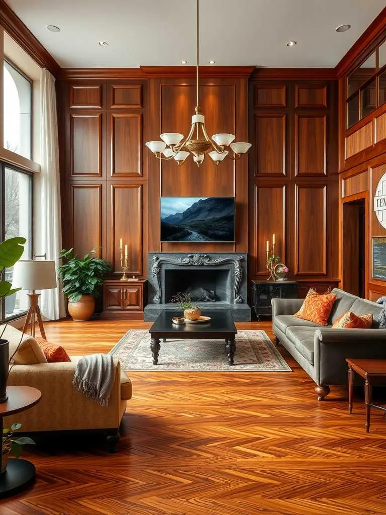 Rich Wood Finishes in Modern Luxury Living Room Luxurious living room with dark wood paneling, elegant furniture, and ambient lighting