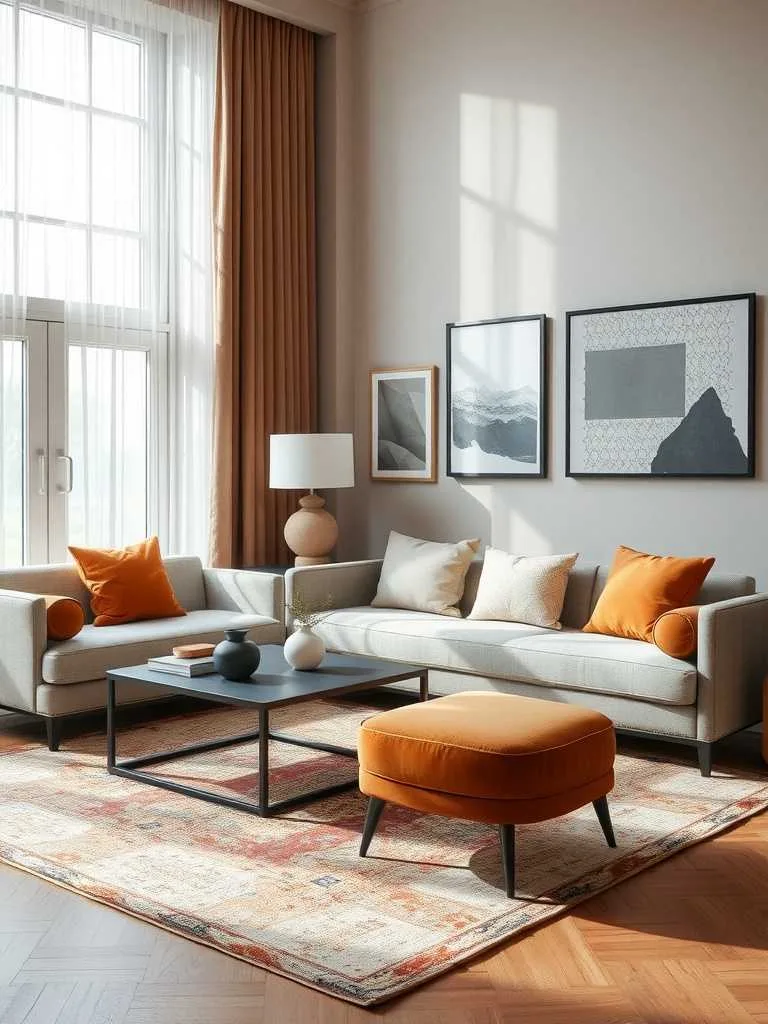Sophisticated Area Rugs in Luxury Living Room Modern living room with patterned area rug, gray sofa, and orange accents