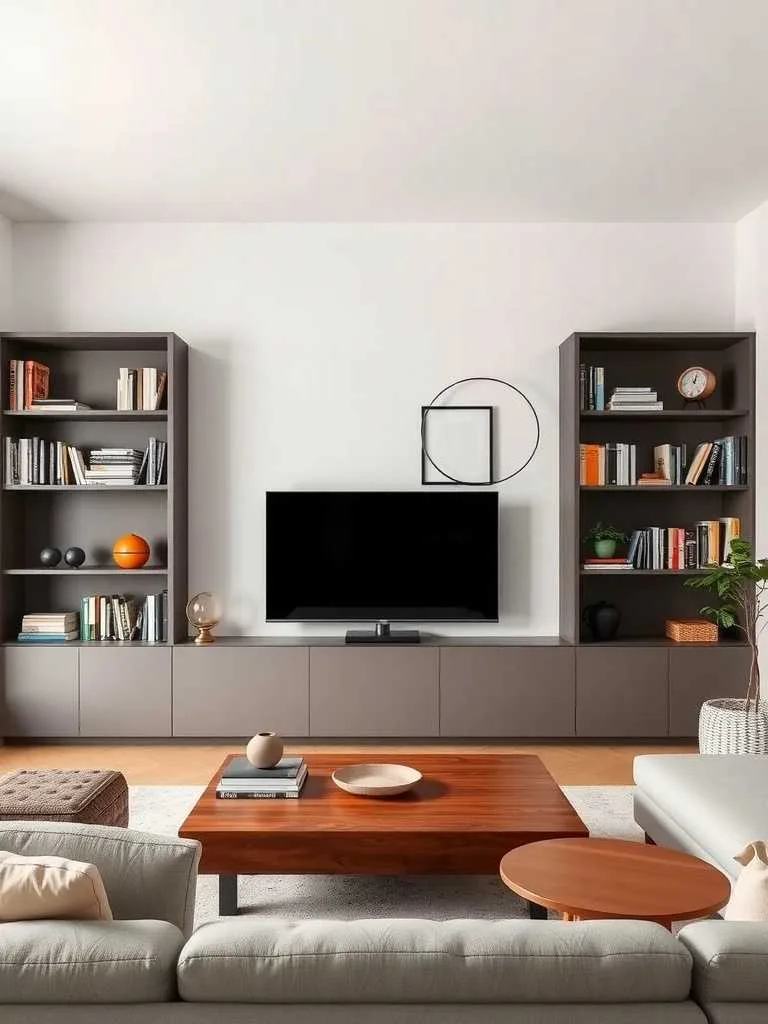 Stylish Shelving in Modern Luxury Living Room Modern living room with dark wood shelving and wooden coffee table