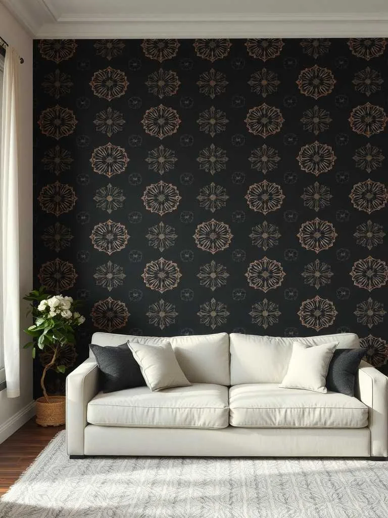 Accent Walls in Modern Luxury Living Room Living room with black accent wall featuring gold floral patterns, light sofa, and potted plant