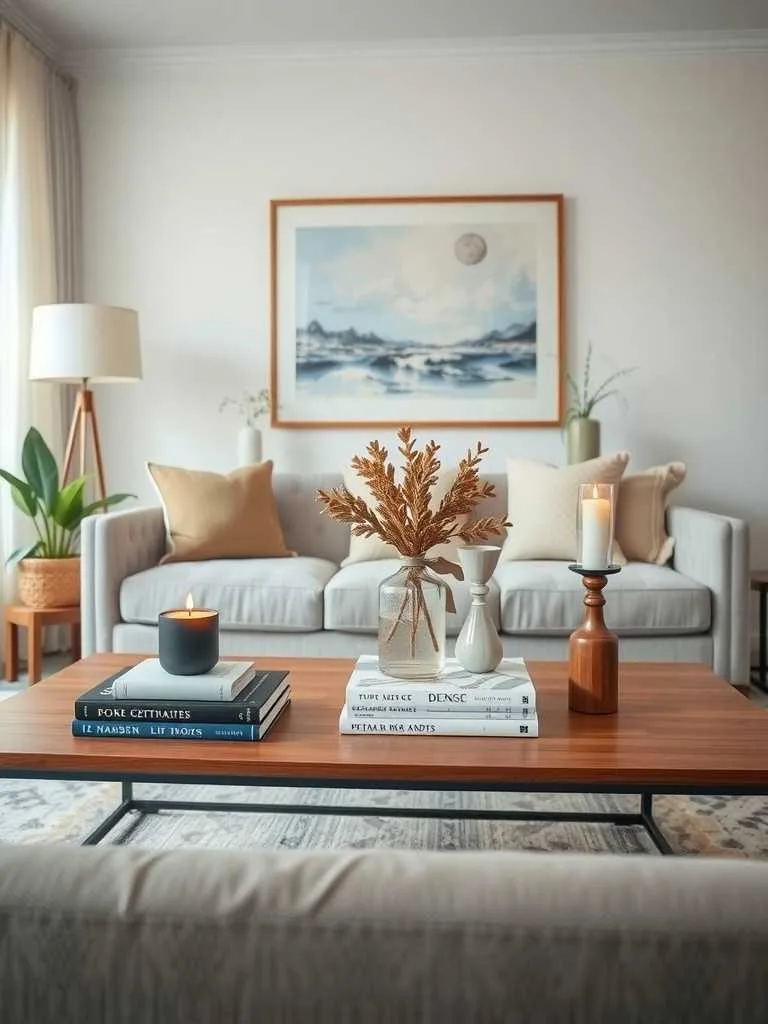 Curated Coffee Table Arrangements in Luxury Living Room Coffee table with books, candle, vase of dried flowers, and decorative items