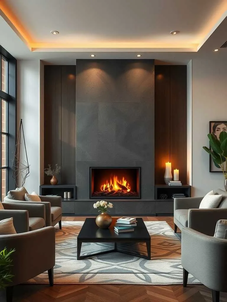 Elegant Fireplaces in Modern Luxury Living Room Modern living room with sleek black fireplace and comfortable seating