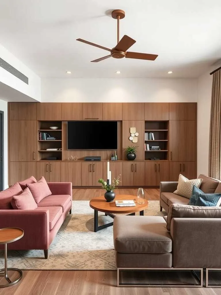 Customized Furniture Solutions in Luxury Living Room Living room with customized pink and brown sofas, round coffee table, and wooden shelving