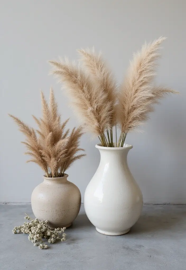 Pampas Grass in Ceramic Vases on Gray Floors