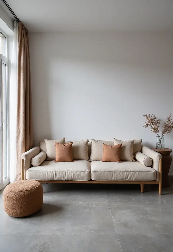 Low-Profile Sofa with Earthy Palette on Gray Floors