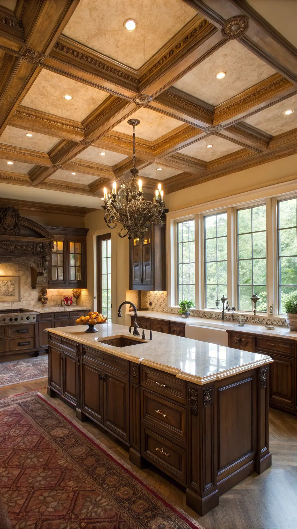 Elegant traditional kitchen with dark oak cabinets, cream granite countertops, Persian runner, farmhouse sink, and crystal chandelier glowing in golden hour light through mullioned windows