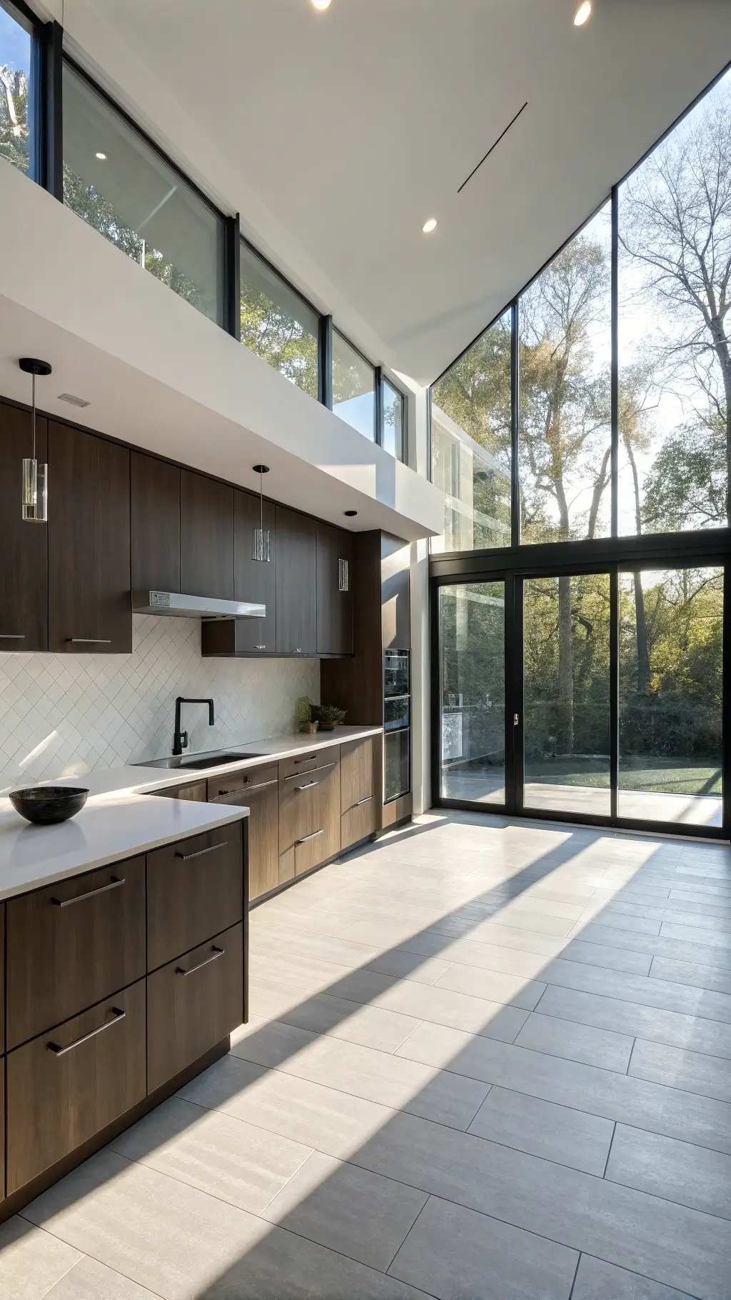 Minimalist kitchen with dark oak cabinets, white quartz countertops, matte black appliances, under-cabinet LED lighting, and floor-to-ceiling windows bathing the space in sunlight
