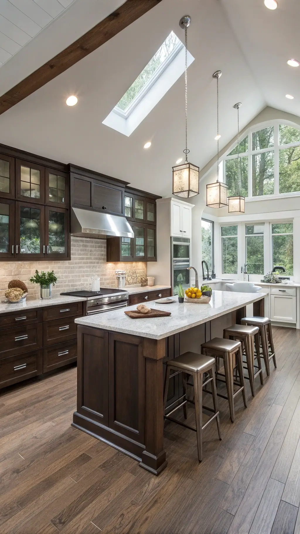 Transitional kitchen with vaulted ceiling, dark oak cabinets, white subway tile backsplash, soapstone counters, and stainless steel appliances illuminated by mid-morning light