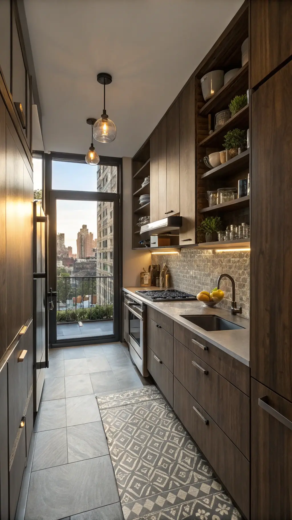 Compact urban kitchen with dark oak cabinets, metallic gray quartz counters, industrial pendant lights, curated ceramic displays on floating shelves, and geometric cement tile floor in late afternoon light