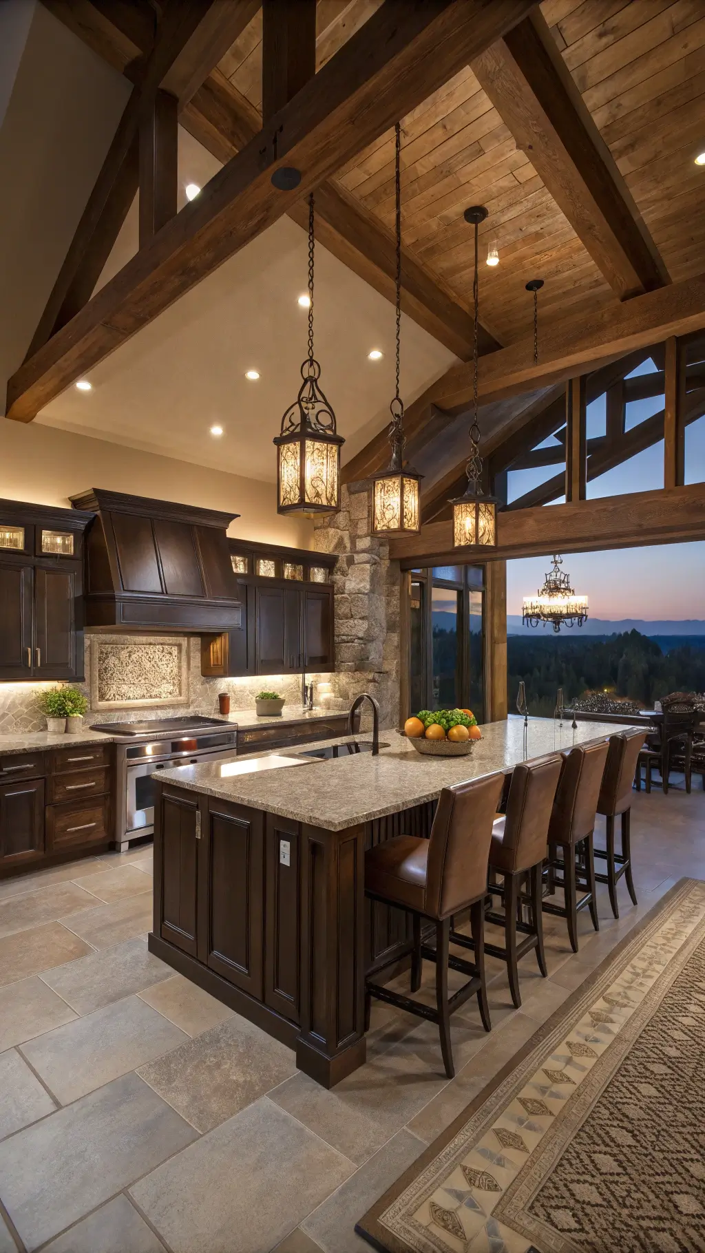Luxurious open-concept kitchen-dining area with dark oak cabinets, leathered granite countertops, exposed wooden beams, large island seating, and industrial sconces at dusk