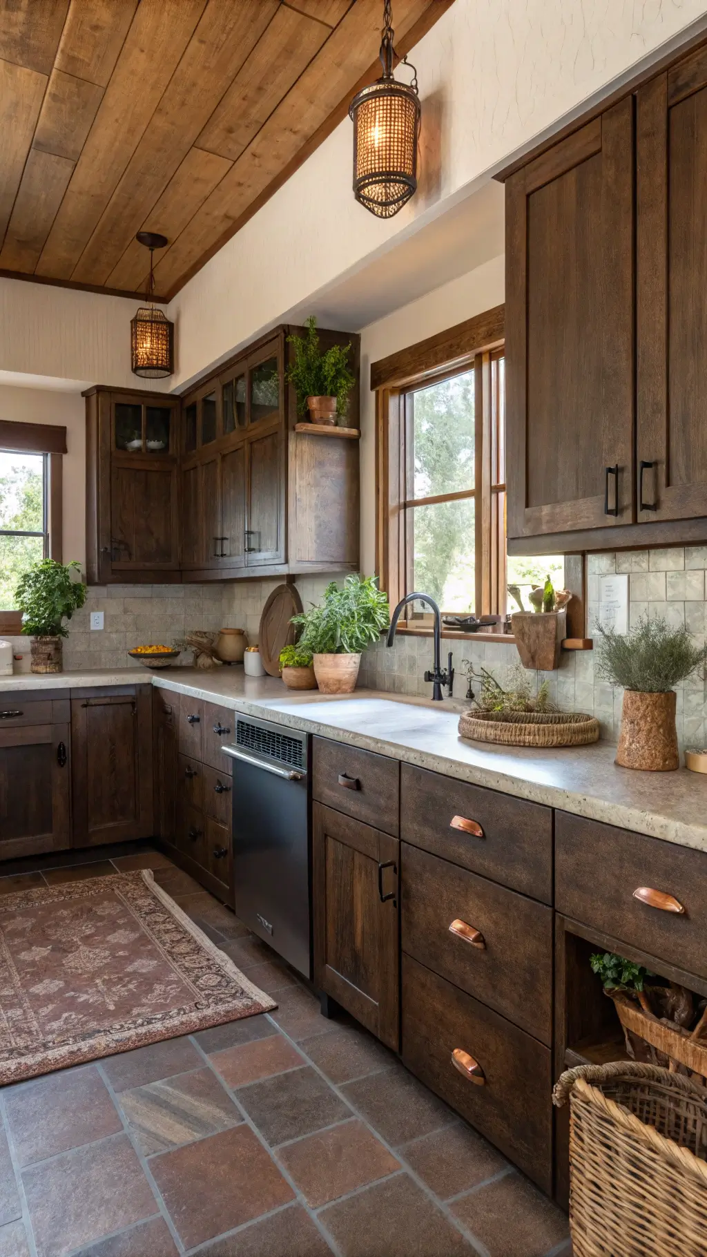 L-shaped kitchen with dark oak cabinets, copper hardware, butcher block and concrete countertops, handmade tile backsplash in earth tones, vintage appliances, potted plants, and woven baskets illuminated by morning light