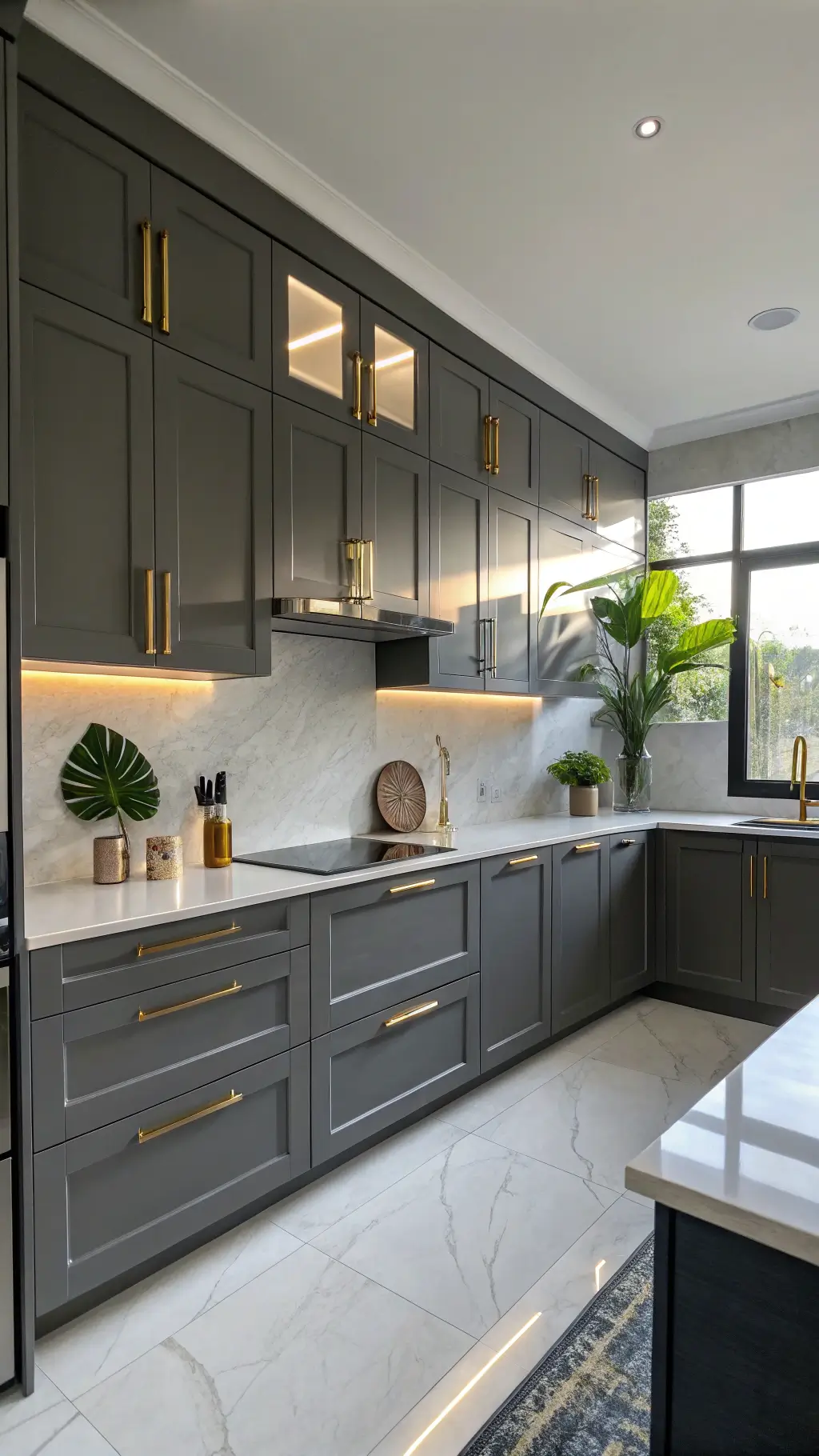 Golden hour view of a sophisticated kitchen with charcoal grey cabinets, brushed gold hardware, white quartz countertops, under-cabinet LED lighting, and decor including geometric vase and monstera leaves.