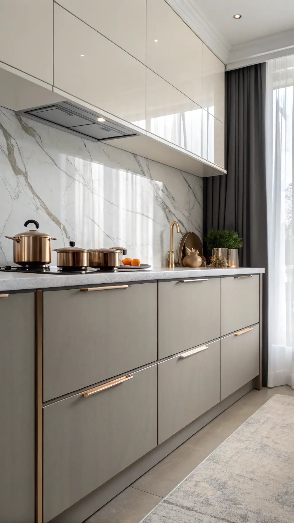Close-up of a modern kitchen with cream high gloss upper cabinets, integrated matte grey lower cabinets, marble backsplash, early afternoon light filtering through sheer curtains, and copper cookware displayed with professional side lighting.