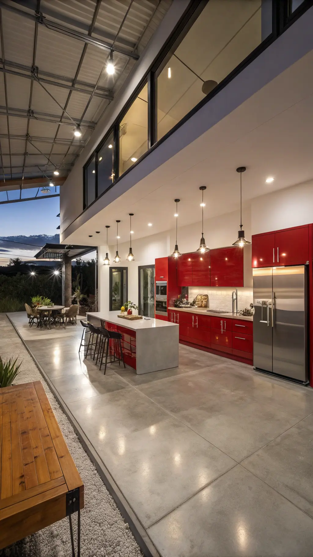 Modern open-concept kitchen and dining area at dusk featuring bold red high gloss cabinets, concrete floors, stainless steel appliances, pendant lights, and contrasting black accessories.