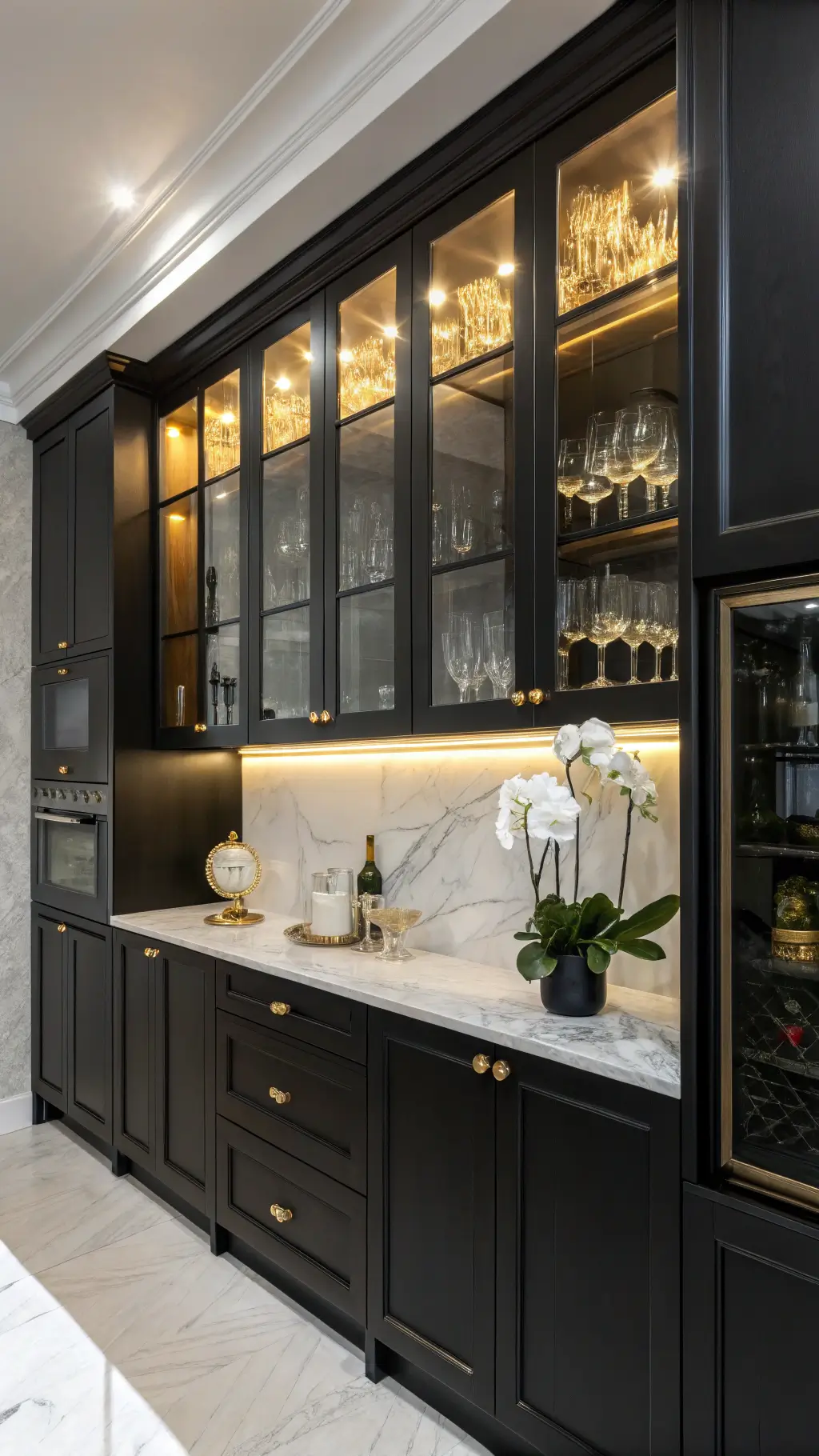 Close-up of a luxurious black and white kitchen corner with LED spotlights highlighting glossy cabinets, glass-front cabinet filled with crystal stemware, and a single orchid arrangement.