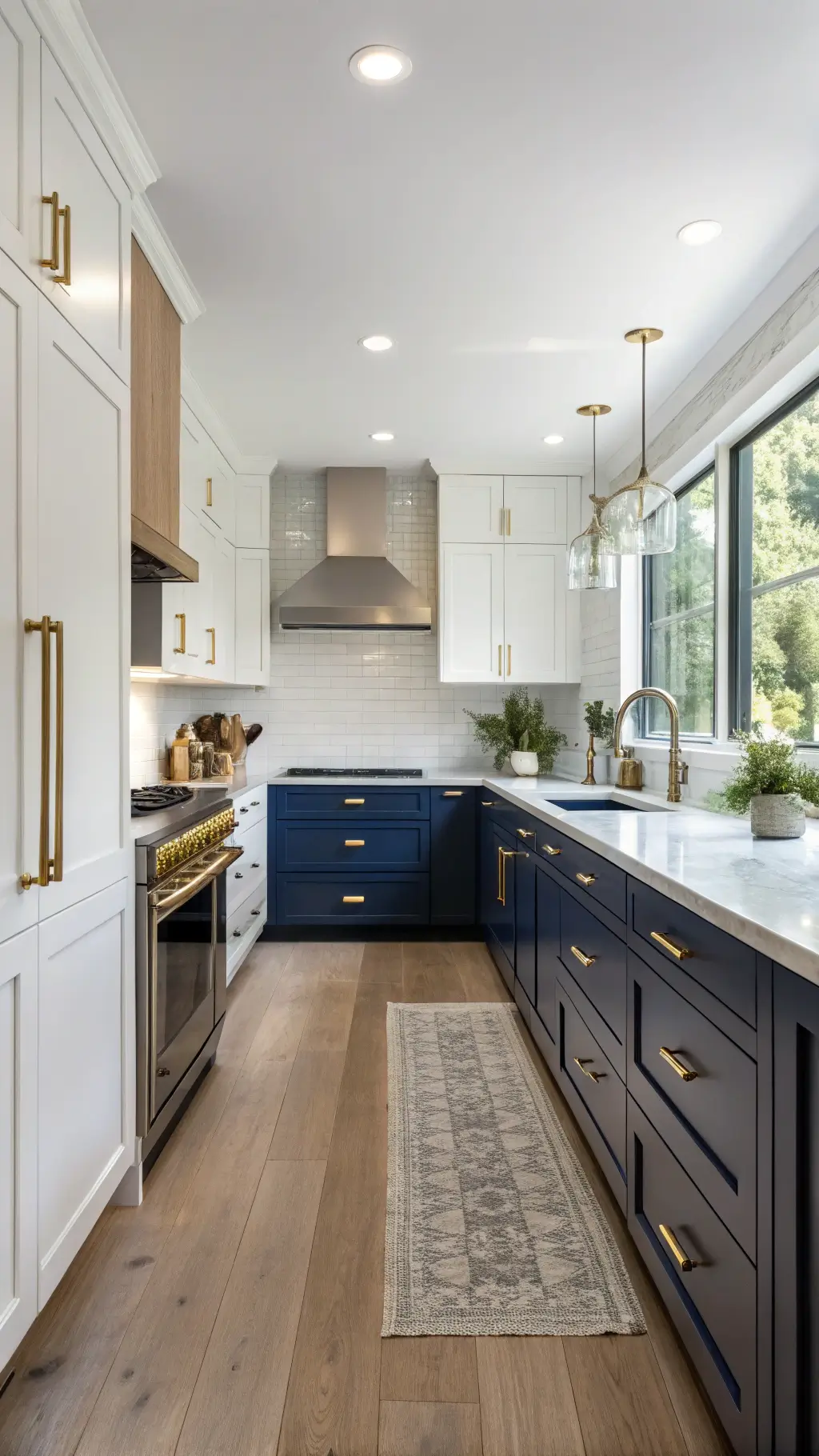 Contemporary two-tone kitchen with white upper and navy lower cabinets, brass hardware, natural lighting, artisanal ceramics, and fresh herbs.