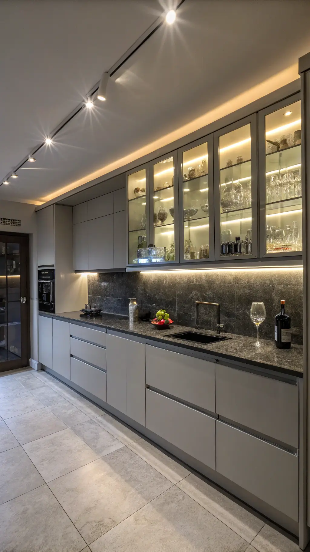 Modern kitchen with light grey high gloss cabinets, illuminated glass shelving, dark stone countertops, and linear pendant lights in atmospheric evening lighting.