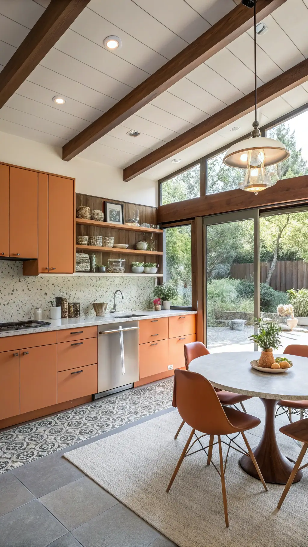Mid-century modern L-shaped kitchen with tangerine orange cabinets, walnut shelves, gray terrazzo countertops, and copper accents