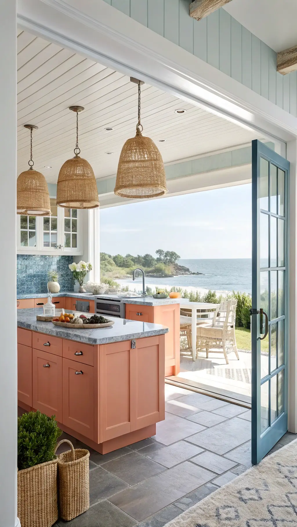 Bright coastal kitchen with coral orange cabinets, navy blue island with marble top, natural rattan pendants, sea glass accents, and ocean view
