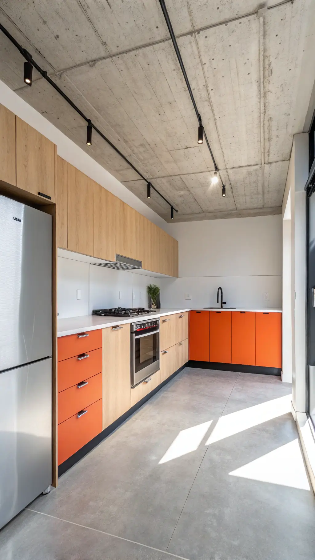 Minimalist kitchen with orange cabinets, bleached oak, concrete floors and ceilings, white walls, and black matte hardware under skylight
