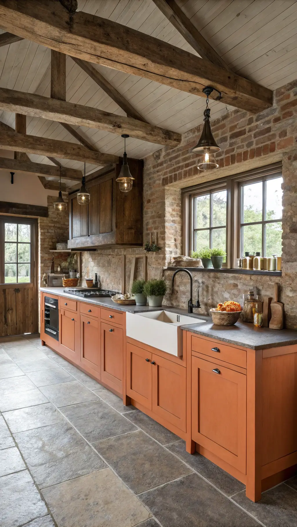 Rustic-modern kitchen in a barn conversion with distressed orange lower cabinets, natural wood uppers, exposed brick, reclaimed beams, farmhouse sink, and vintage copper pots