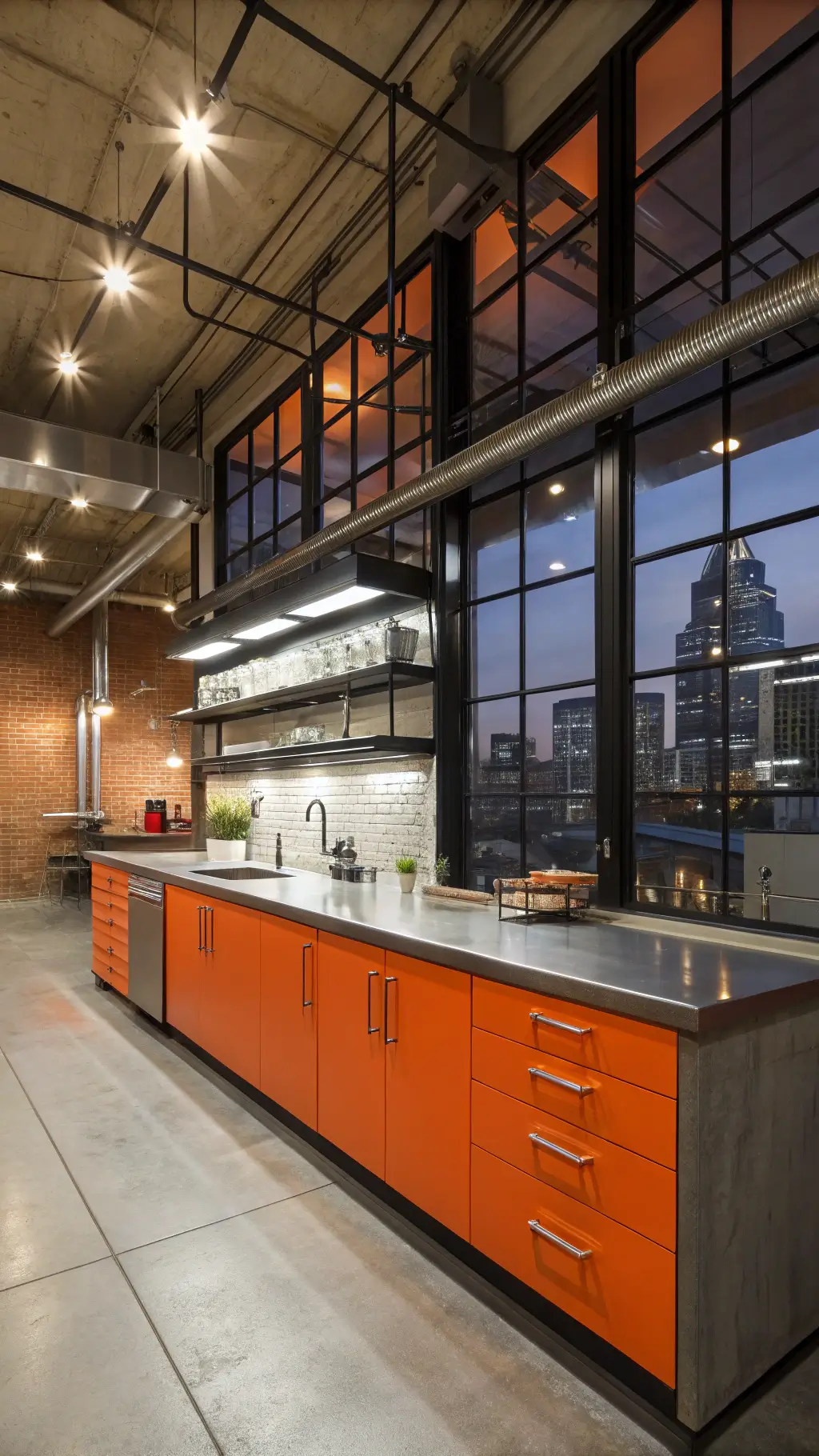 Loft-style kitchen with bright orange metal cabinets, polished concrete counters, stainless steel backsplash, exposed ductwork, and black shelving under city lights