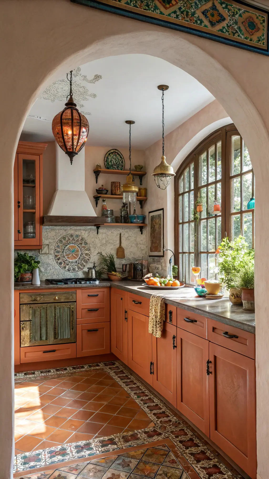 Bohemian kitchen with terracotta orange cabinets, hand-painted tiles, mixed metal hardware, and global artifacts illuminated by stained glass light