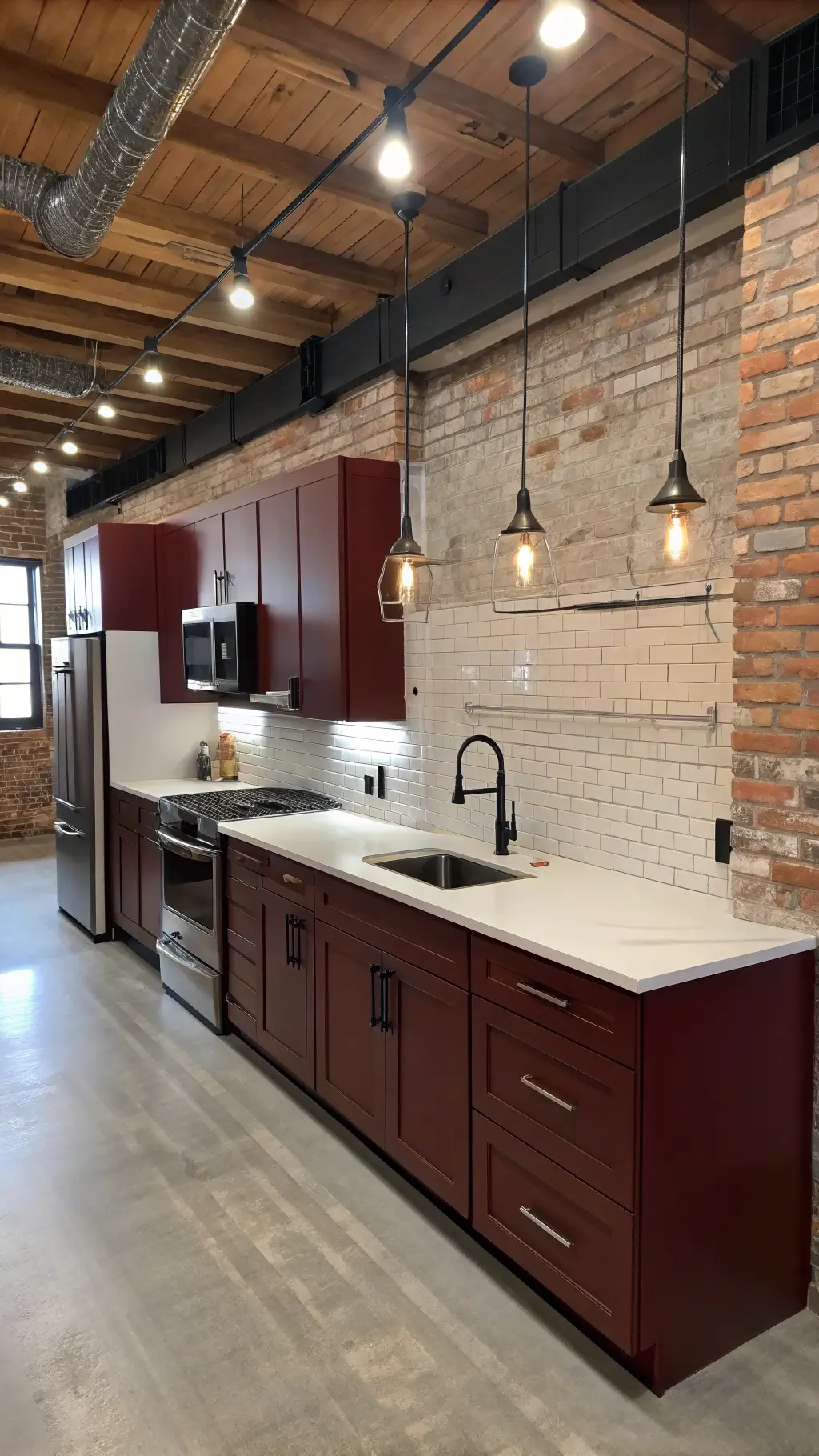 Industrial-chic kitchen with satin-finish burgundy cabinets, exposed brick walls, white quartz countertops, and stainless steel appliances under LED lighting