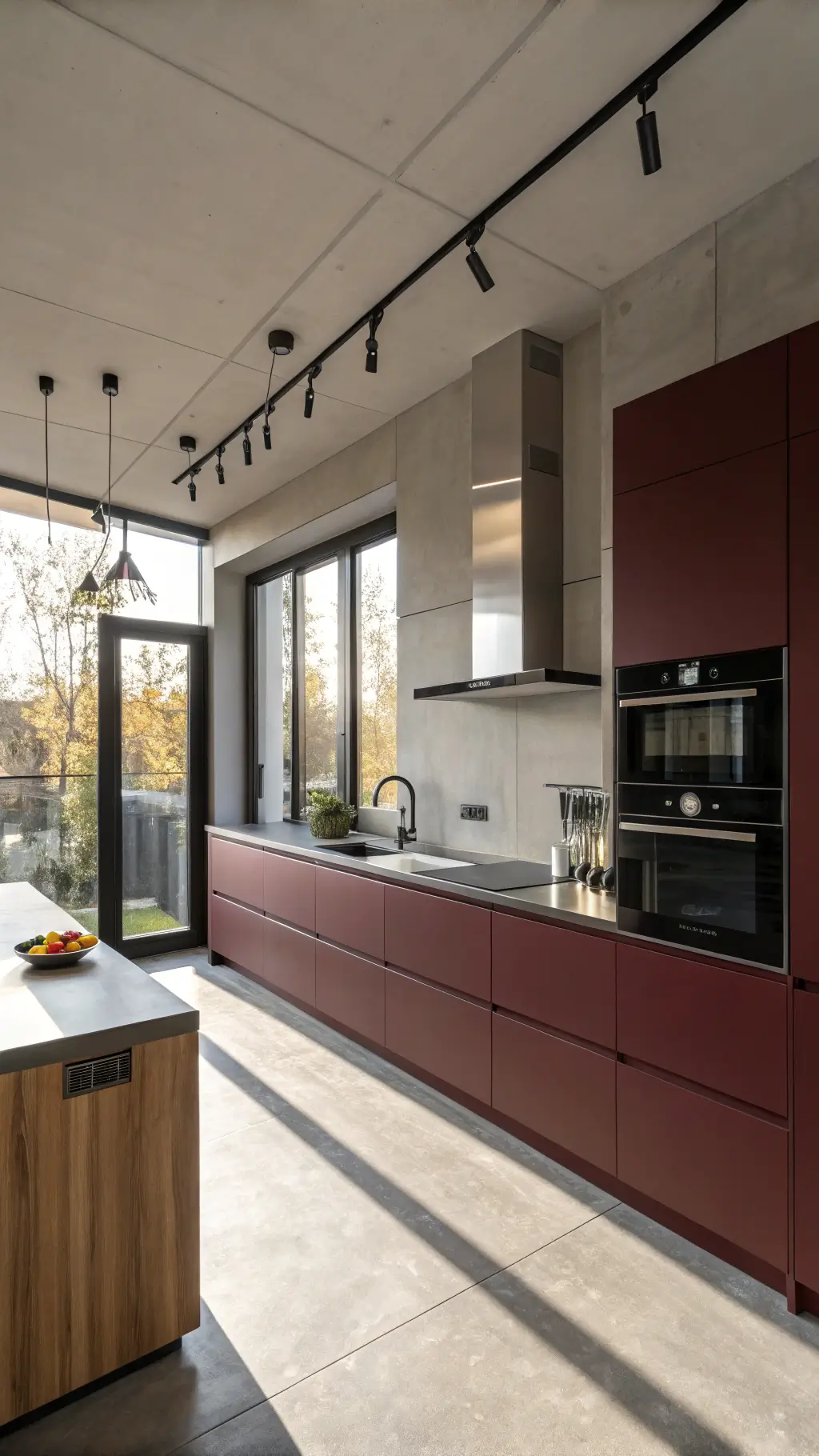 Modern minimalist kitchen with floor-to-ceiling burgundy cabinets, polished concrete countertops, and stainless steel accents illuminated by morning light through industrial windows